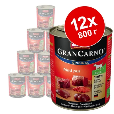 Набор из 12 консервов GranCarno Original Rind pur для взрослых собак, по 800 г. На упаковке: 100 % свежие ингредиенты, без зерна и глютена, Made in Germany.