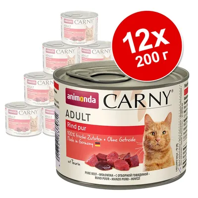 Консервы для кошек animonda Carny Adult, 12×200 г, Rind pur, 100% frische Zutaten, Ohne Getreide, Made in Germany, с изображением кусочков мяса и кота на упаковке