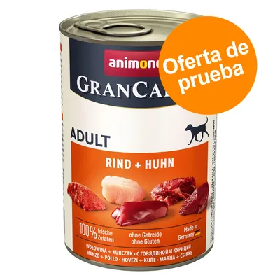 Lata de comida para perros animonda GranCarno Adult Rind + Huhn. Texto visible: Oferta de prueba, 100% frische Zutaten, ohne Getreide ohne Gluten, Made in Germany.