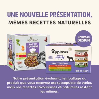 Applaws Taste Toppers Stew Selection, nouveau design. L'emballage peut varier, les recettes restent bien sûr inchangées. Variétés : bœuf avec légumes, poulet, poulet avec agneau.