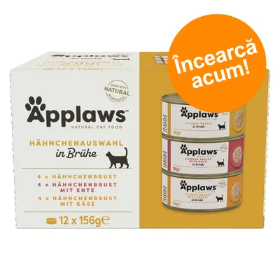 Applaws Natural Cat Food Hähnchenauswahl in Brühe, 12 x 156g: 4 x Hähnchenbrust, 4 x Hähnchenbrust mit Ente, 4 x Hähnchenbrust mit Käse. Etichetă portocalie: Încearcă acum!