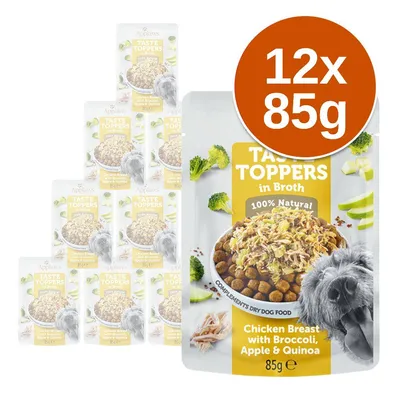 Applaws Taste Toppers in Broth, 12 x 85 g, Chicken Breast with Broccoli, Apple & Quinoa, 100% Natural. Widoczne opakowania produktu z miską karmy i zdjęciem psa.