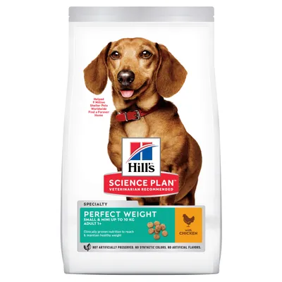 Confezione di crocchette Hill's Science Plan Perfect Weight per cani piccoli e mini fino a 10 kg, con pollo. Testo visibile: 'Clinically proven nutrition to reach & maintain healthy weight'. Confezione di crocchette Hill's Science Plan Perfect Weight per cani piccoli e mini fino a 10 kg, con pollo. Testo visibile: 'Clinically proven nutrition to reach & maintain healthy weight'.