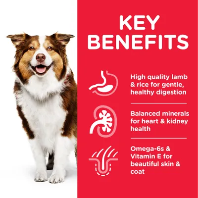 KEY BENEFITS: High quality lamb & rice for gentle, healthy digestion. Balanced minerals for heart & kidney health. Omega-6s & Vitamin E for beautiful skin & coat. (κείμενο στα αγγλικά)