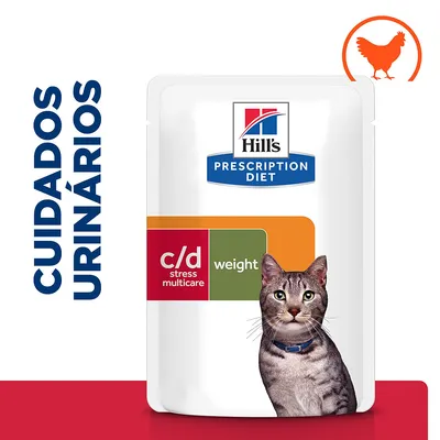 Hill's Prescription Diet c/d stress multicare weight para gatos, cuidados urinários, imagem de embalagem com gato e símbolo de frango. Hill's Prescription Diet c/d stress multicare weight para gatos, cuidados urinários, imagem de embalagem com gato e símbolo de frango.