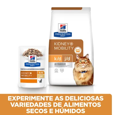 Hill's Prescription Diet Kidney+Mobility k/d j/d para gatos, embalagem de alimento seco e húmido. Texto: Experimente as deliciosas variedades de alimentos secos e húmidos.