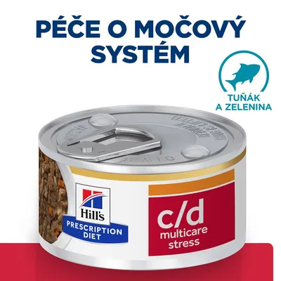 Hill's Prescription Diet c/d multicare stress, tuniak a zelenina. Text: Péče o močový systém. Konzerva s kúskami jedla.