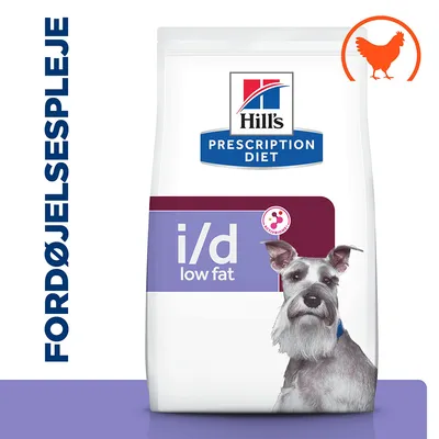 Hill's Prescription Diet i/d low fat hundefoder med billede af hund, tekst 'FORDØJELSESPLEJE' og orange kyllingesymbol øverst til højre på emballagen. Hill's Prescription Diet i/d low fat hundefoder med billede af hund, tekst 'FORDØJELSESPLEJE' og orange kyllingesymbol øverst til højre på emballagen.