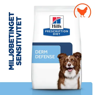 Hill's Prescription Diet Derm Defense hundefoder med tekst 'MILJØBETINGET SENSITIVITET' og kyllingesymbol på emballagen.