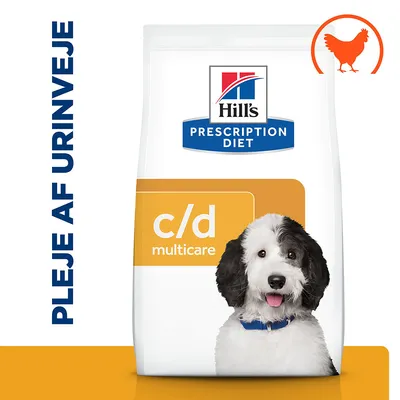 Hill's Prescription Diet c/d multicare hundefoder, pleje af urinveje, billede af sort-hvid hund og orange kyllingesymbol synligt på emballagen. Hill's Prescription Diet c/d multicare hundefoder, pleje af urinveje, billede af sort-hvid hund og orange kyllingesymbol synligt på emballagen.