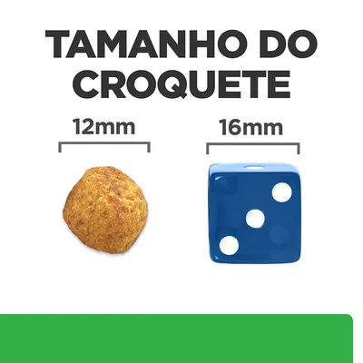 Tamanho do croquete: comparação visual entre um croquete de 12 mm e um dado azul de 16 mm. Texto visível: 'TAMANHO DO CROQUETE', '12 mm', '16 mm'.