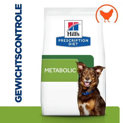 Hill's Prescription Diet Metabolic hondenvoer, gewichtscontrole, afbeelding van kip, zak met hond zichtbaar op de verpakking Hill's Prescription Diet Metabolic hondenvoer, gewichtscontrole, afbeelding van kip, zak met hond zichtbaar op de verpakking