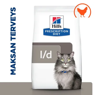 Hill's Prescription Diet l/d kissanruokapakkaus, etiketissä teksti 'MAKSAN TERVEYS', kanasymboli ja kuvassa harmaa kissa. Näkyvissä ei muita tietoja.