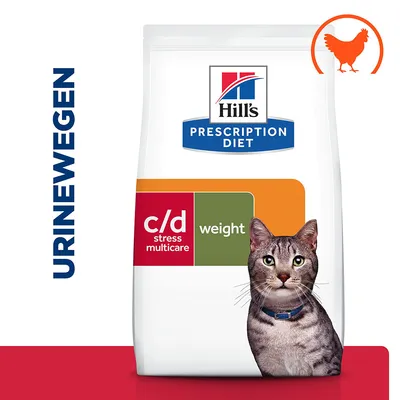 Hill's Prescription Diet c/d stress multicare weight kattenvoer, afbeelding van kat, tekst: URINEWEGEN, oranje kip-icoon rechtsboven op de verpakking. Hill's Prescription Diet c/d stress multicare weight kattenvoer, afbeelding van kat, tekst: URINEWEGEN, oranje kip-icoon rechtsboven op de verpakking.
