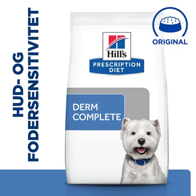 Hill's Prescription Diet Derm Complete hundefoder, tekst: HUD- OG FODERSENSITIVITET, ORIGINAL, billede af hvid hund på posen Hill's Prescription Diet Derm Complete hundefoder, tekst: HUD- OG FODERSENSITIVITET, ORIGINAL, billede af hvid hund på posen