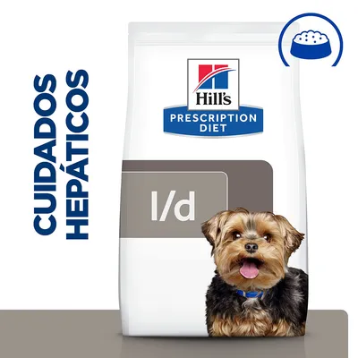 Embalagem de ração Hill's Prescription Diet l/d para cães, com texto visível 'CUIDADOS HEPÁTICOS' e imagem de um cão pequeno na frente do saco.