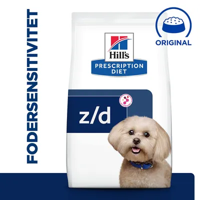 Hill's Prescription Diet z/d hundefoder, tekst: FODERSENSITIVITET og ORIGINAL, pose med hund foran. Synlig tekst: ACTIVBIOME+.