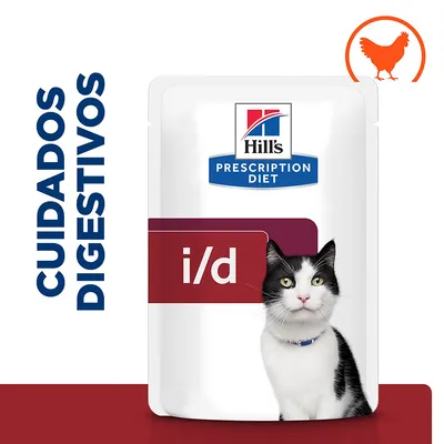 Embalagem de Hill's Prescription Diet i/d para gatos, texto visível: 'CUIDADOS DIGESTIVOS', ícone de frango no canto superior direito. Embalagem de Hill's Prescription Diet i/d para gatos, texto visível: 'CUIDADOS DIGESTIVOS', ícone de frango no canto superior direito.