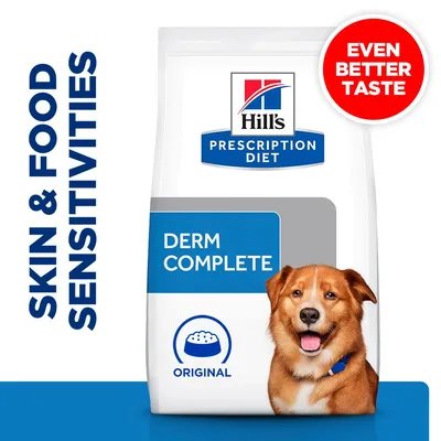 Hill's Prescription Diet Derm Complete food packaging with 'Skin & Food Sensitivities' and 'Even Better Taste' highlighted, original formula indicated.