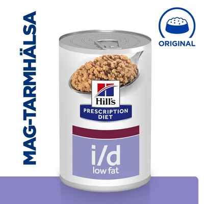 Hill's Prescription Diet i/d low fat våtfoderburk med bild på maten, texten MAG-TARMHÄLSA och symbol med texten ORIGINAL synliga.