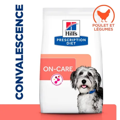 Sac Hill's Prescription Diet ON-CARE, poulet et légumes, mention CONVALESCENCE, logo ACTIVBIOME, image d'un chien visible sur l'emballage.