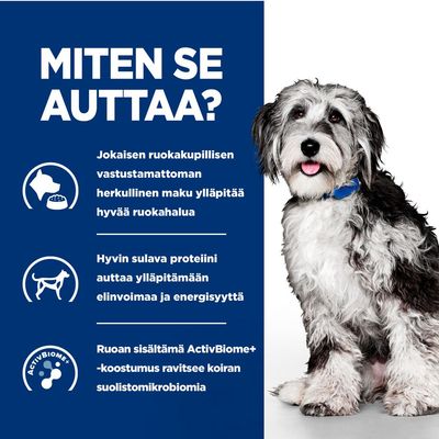 Teksti: Miten se auttaa? Jokaisen ruokakupillisen vastustamaton herkullinen maku ylläpitää hyvää ruokahalua. Hyvin sulava proteiini auttaa ylläpitämään elinvoimaa ja energisyyttä. Ruoan sisältämä ActivBiome+ -koostumus ravitsee koiran suolistomikrobiomia.