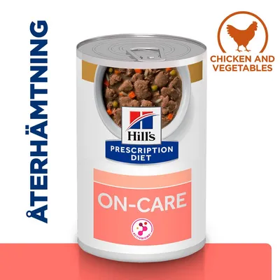 Hill's Prescription Diet ON-CARE burk med synligt våtfoder, text: ÅTERHÄMTNING och CHICKEN AND VEGETABLES, ActivBiome+ symbol på etiketten.
