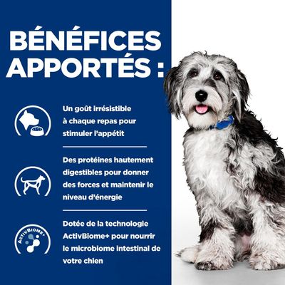 BÉNÉFICES APPORTÉS : goût irrésistible, protéines hautement digestibles, technologie ActivBiome+ pour le microbiome intestinal du chien. Texte en français (fr_BE).