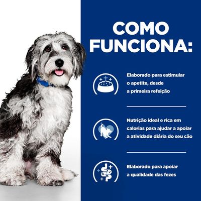Texto: Como funciona. Elaborado para estimular o apetite, desde a primeira refeição. Nutrição ideal e rica em calorias para apoiar a atividade diária do seu cão. Apoia a qualidade das fezes.