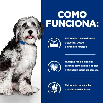 Texto: Como funciona. Elaborado para estimular o apetite, desde a primeira refeição. Nutrição ideal e rica em calorias para apoiar a atividade diária do seu cão. Apoia a qualidade das fezes.