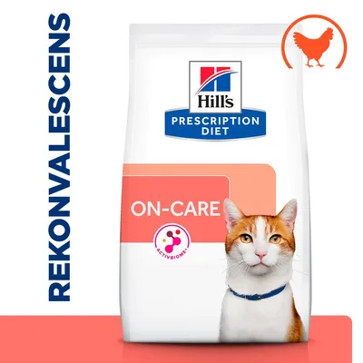 Hill's Prescription Diet ON-CARE kattefoder med kylling, tekst: REKONVALESCENS og ACTIVBIOME+ på posen. Billede af kat nederst.