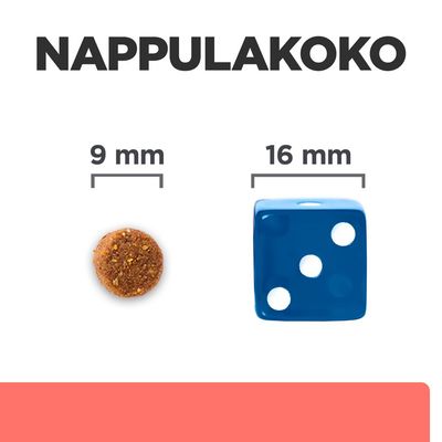 Nappulakoko: nappula 9 mm, vertailun vuoksi sininen noppa 16 mm. Teksti 'NAPPULAKOKO' ylhäällä, mitat esitetty selkeästi kuvassa.