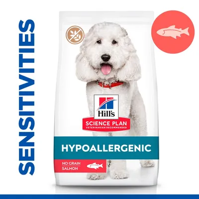 Hill's Science Plan Hypoallergenic, bez žitarica, losos. Tekst: SENSITIVITIES, NO GRAIN SALMON. Slika psa i ribe na pakiranju.