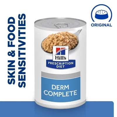 Hill's Prescription Diet Derm Complete tin with food shown, text: Skin & Food Sensitivities, Original. Brand and product names visible on packaging.