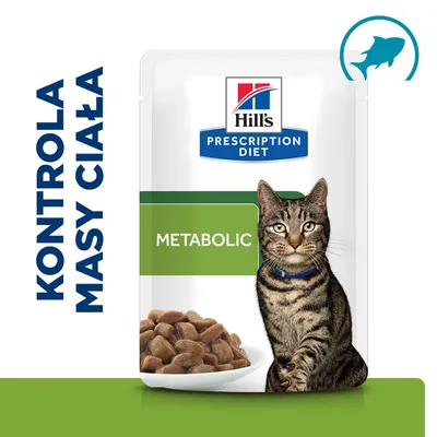 Hill's Prescription Diet Metabolic karma dla kotów, kontrola masy ciała. Widoczny kot, miska z karmą, symbol ryby. Tekst: KONTROLA MASY CIAŁA, METABOLIC.