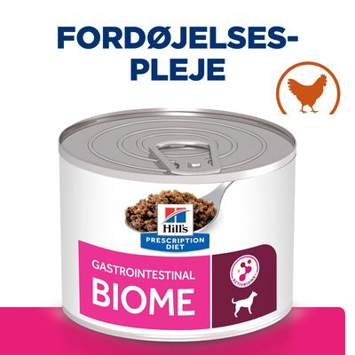 Hill's Prescription Diet Gastrointestinal Biome dåsefoder med tekst 'FORDØJELSES-PLEJE', billede af kylling og hundesymbol, ACTIVBIOME+ mærke synligt på emballagen.