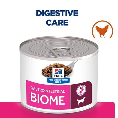 Hill's Prescription Diet Gastrointestinal Biome консервирана храна за кучета, надпис DIGESTIVE CARE, икона на пиле, изображение на храната в лъжица, лого ACTIVBIOME+