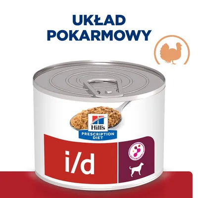 Hill's Prescription Diet i/d, puszka z karmą mokrą dla psa, napis 'UKŁAD POKARMOWY', symbol indyka, widoczne logo Hill's oraz oznaczenie ActivBiome+.