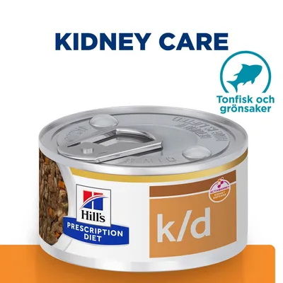 Hill's Prescription Diet k/d Kidney Care burk, text: Tonfisk och grönsaker, ACTIVBIOME+ KIDNEY DEFENSE synligt på etiketten. Hill's Prescription Diet k/d Kidney Care burk, text: Tonfisk och grönsaker, ACTIVBIOME+ KIDNEY DEFENSE synligt på etiketten.