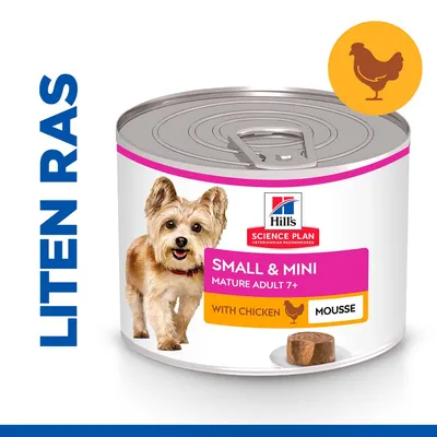 Hill's Science Plan Small & Mini Mature Adult 7+ med kyckling, mousse. Text: LITEN RAS. Bild på hund och burk med foderbit. Hill's Science Plan Small & Mini Mature Adult 7+ med kyckling, mousse. Text: LITEN RAS. Bild på hund och burk med foderbit.