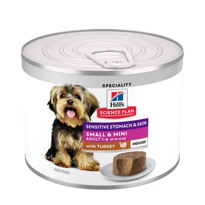 Hill's Science Plan Sensitive Stomach & Skin Small & Mini Adult 1-6 up to 10kg with turkey mousse dog food tin, showing product type and feeding suitability.