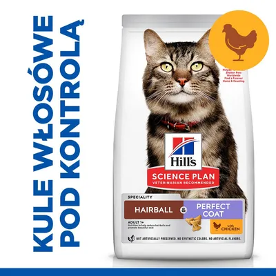 Hill's Science Plan Hairball & Perfect Coat with Chicken, karma dla kotów dorosłych. Napis: Kule włosowe pod kontrolą. Grafika kota i kurczaka na opakowaniu.