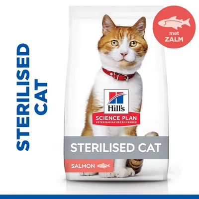 Hill's Science Plan Sterilised Cat kattenvoer, met zalm. Tekst op verpakking: STERILISED CAT, SALMON, met ZALM. Afbeelding van een kat op de voorkant.
