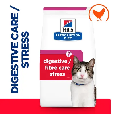 Hill's Prescription Diet macskaeledel csomagolás, digestive/fibre care stress felirattal, bal oldalon DIGESTIVE CARE/STRESS szöveg, narancssárga csirke ikon, macskakép a csomagon