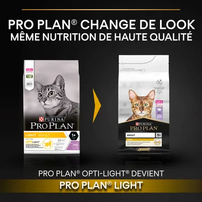 PRO PLAN change de look : PRO PLAN Opti-Light devient PRO PLAN Light, même nutrition de haute qualité, visuel des deux emballages pour chat adulte 1+ an.