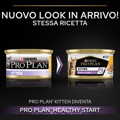 Nuovo look in arrivo! Stessa ricetta. Pro Plan Kitten diventa Pro Plan Healthy Start. Immagine di due confezioni Purina Pro Plan Kitten e Kitten Healthy Start.