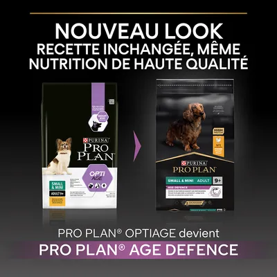 Changement de packaging : Purina Pro Plan Optiage devient Pro Plan Age Defence Small & Mini Adult 9+. Recette inchangée, nutrition de haute qualité. Deux sacs visibles avec chiens.