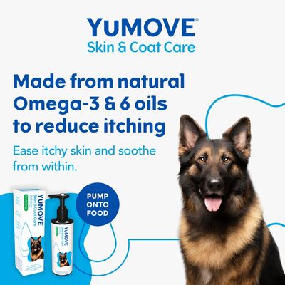 YuMOVE Skin & Coat Care made from natural Omega-3 and 6 oils to reduce itching. Ease itchy skin and soothe from within. Pump onto food.