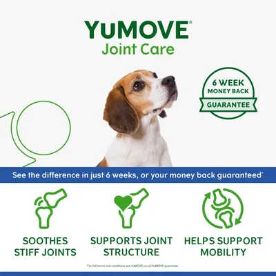 YuMOVE Joint Care with 6 week money back guarantee. See the difference in 6 weeks or your money back. Soothes stiff joints, supports joint structure, helps support mobility.