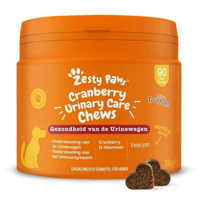 Zesty Paws Cranberry Urinary Care Chews, 90 kosov, 300 g. Vidno besedilo v nizozemščini: Gezondheid van de Urinewegen, Ondersteuning van de Urinewegen, Ondersteuning van het Immuunsysteem. Zesty Paws Cranberry Urinary Care Chews, 90 kosov, 300 g. Vidno besedilo v nizozemščini: Gezondheid van de Urinewegen, Ondersteuning van de Urinewegen, Ondersteuning van het Immuunsysteem.
